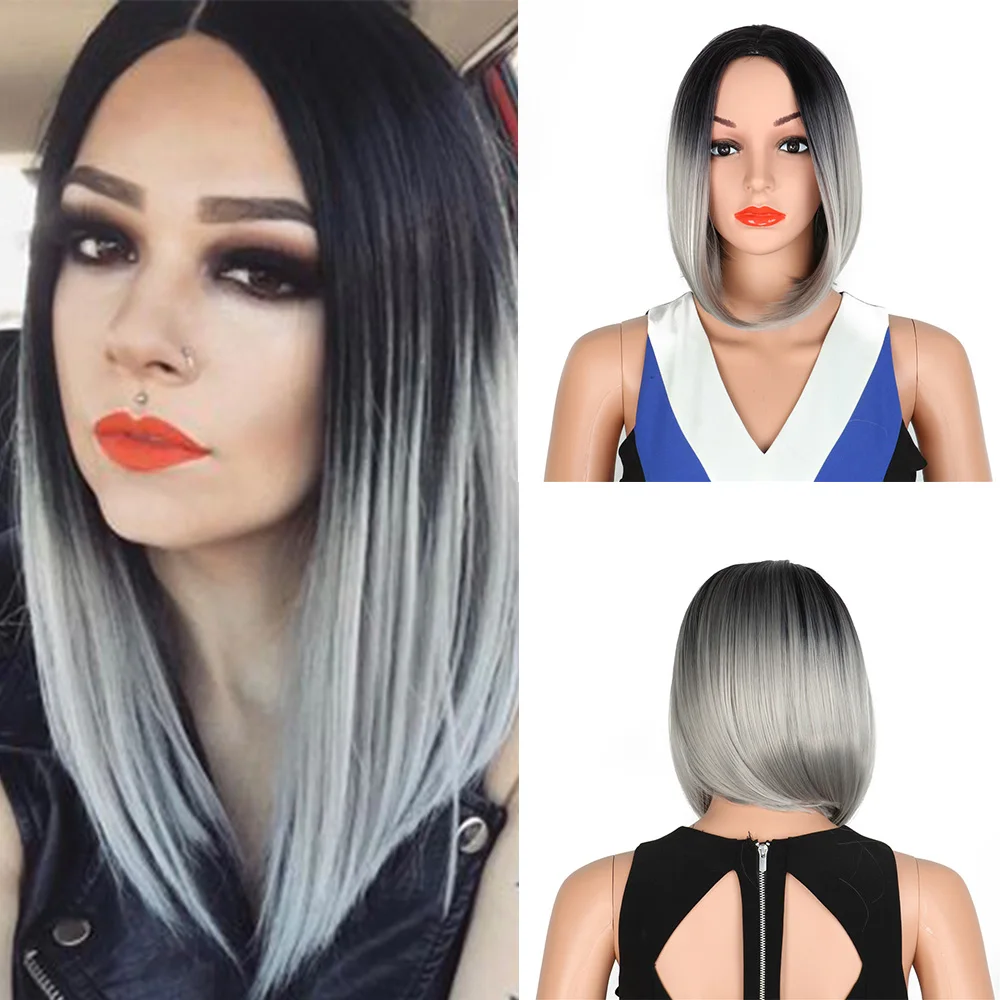 Synthetic Short Bobo Omber Grey Wigs For Asian And European Women Cosplay Wigs For Daily Party 28Inch Free Shipping 150% Density