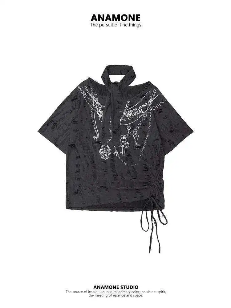 

ANAMONE Women gothic punk T-shirt Hanging Neck Piercing T-shirt For Women, Summer 2025 American High Street Spicy Girl Design