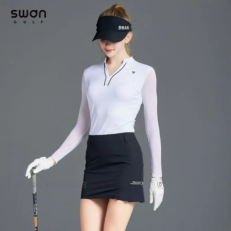 SG Lady V-neck Sunscreen Underwear Long Sleeve Ice Silk Golf Shirts Girl High Waist Pencil Skirt Slim Skort Golf Clothing Sets