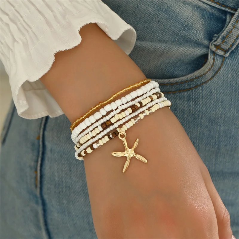 6PCS Bohemian Rice Beads Bracelet Set for Women Fashion Starfish Pendant Multilayer Bracelets Summer Party Jewelry Accessories