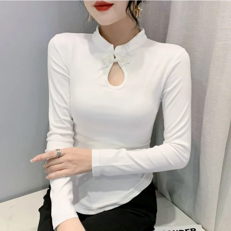 #8492 Spring Autumn Vintage T Shirt Stand Collar Buttons Hollow Out Short Skinny T-Shirt Female Long Sleeve Asymmetrical Tshirt