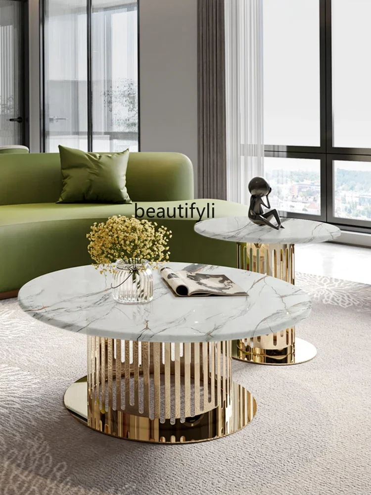 

Modern light luxury round marble coffee table high-end large apartment living room rock slab coffee table