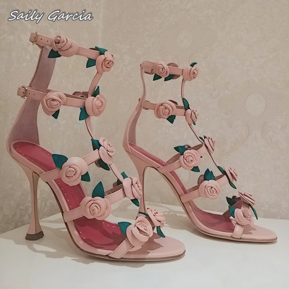 Retro Flower Three-Dimensional Rose Buckle Strap Sandals 2024 Spring Hollow Grace Stiletto High Heels Open Toe Sexy Party Shoes