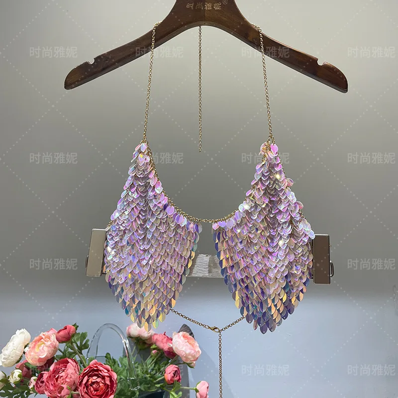 

Лидер продаж, в форме бабочки, на груди, для выступлений в ночном клубе, без бретелек, шейный ремень, цепочка для тела, блестки, бикини, топ с блестками