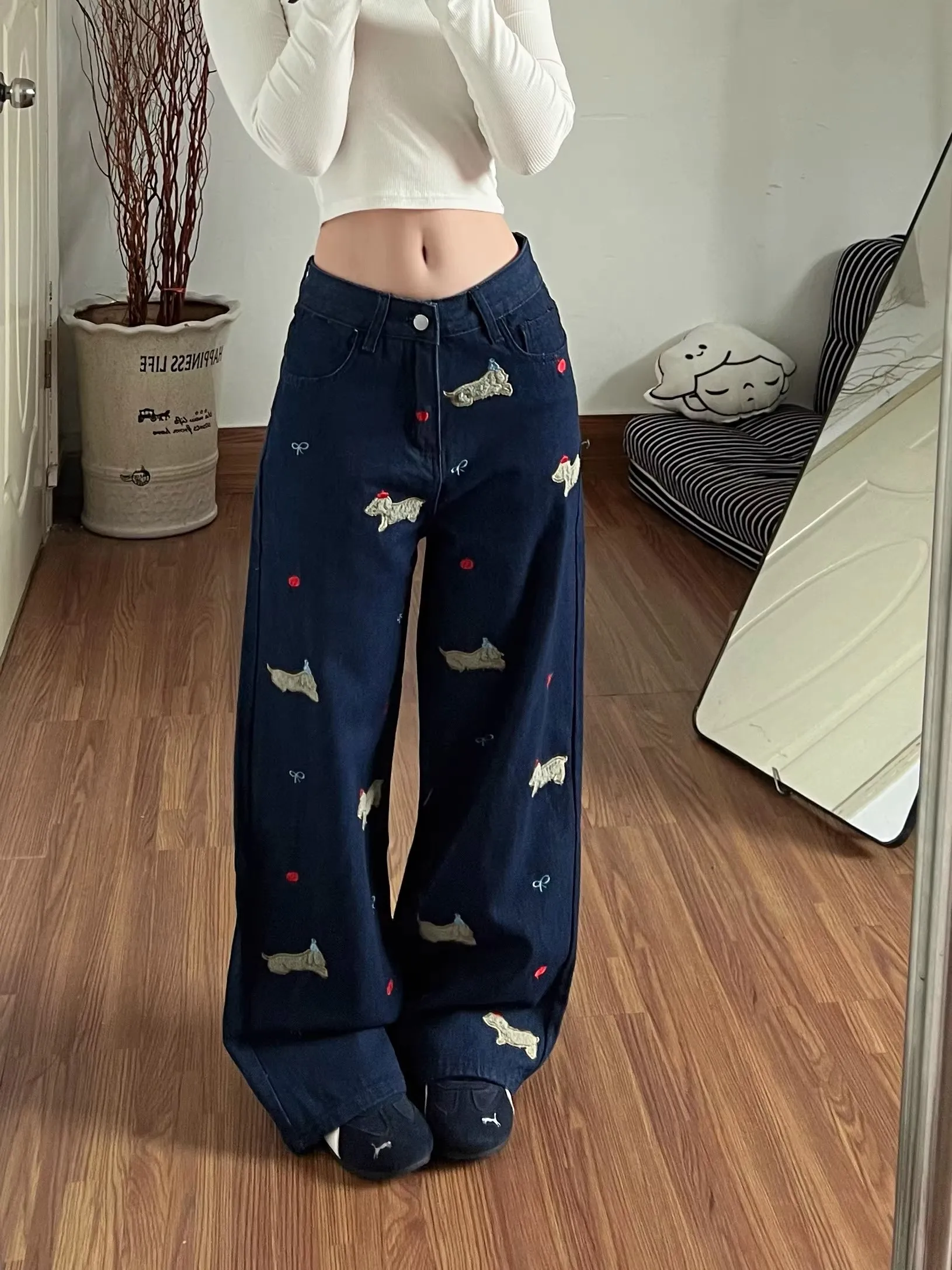 

American Retro Embroidered Wide Leg Jeans Women's Spring Autumn High Waist Loose Slim Straight Cut Denim Pants