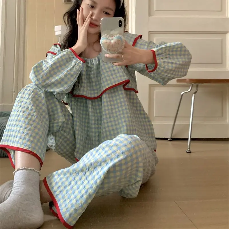 

Korean Version of Cute Contrasting Plaid Long-sleeved Pajamas for Women Spring and Autumn New Home Wear 2-piece Set Nightgown