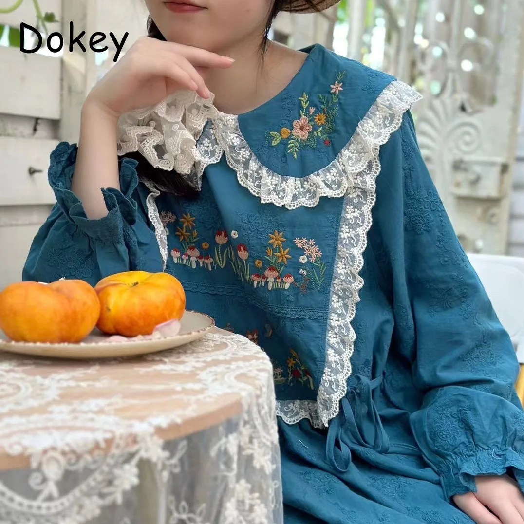 Vintage Embroidery Lace Ruffled Cotton Linen Dress Women Autumn Japanese Mori Girl Peter Pan Collar Long Sleeve Kawaii Mid Dress