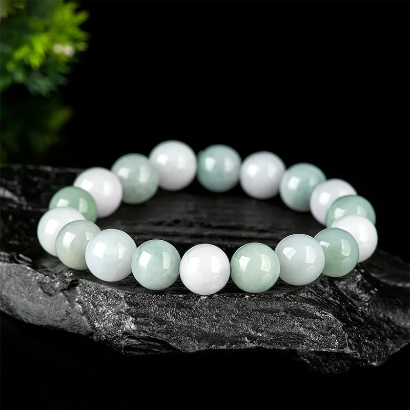 

Myanmar Jadeite 10mm Green and White Jade Beads Bracelet Exquisite Fashion Glutinous Jade String Men and Women Holiday Gift