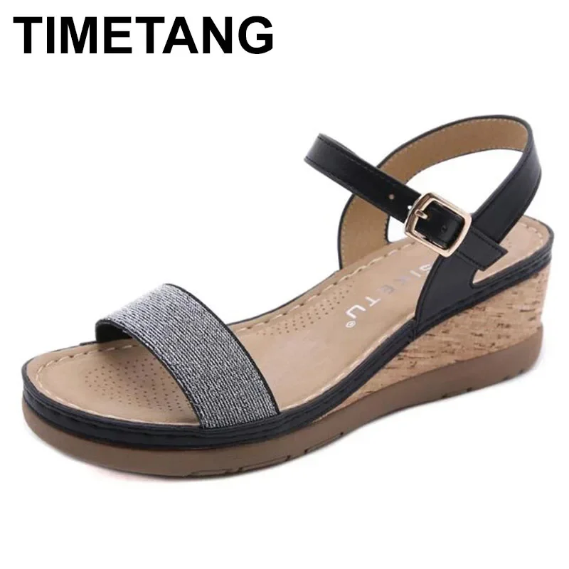 TIMETANGSummer slope heel sandals women's new lightweight mid-heeled middle-aged mother loose and comfortable large size41sandal