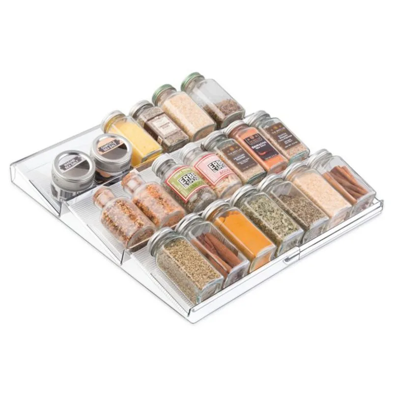 Expandable Plastic Spice Rack, Drawer Organizer for Kitchen Cabinet Drawers, 3 Tier Slanted for Spice Jars,Food Seasoning Bottle