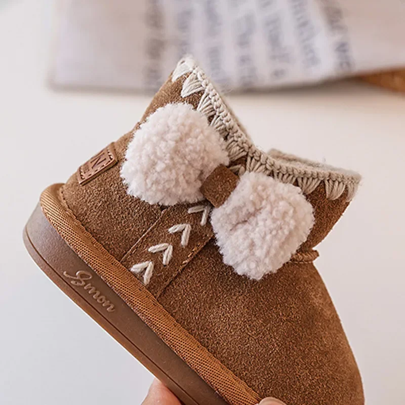 Bottes de neige en cuir pour enfants, nœud papillon, peluche chaude, tout-petit, enfants, filles, mode, EU 21-30