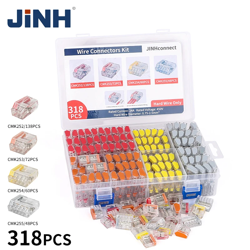 

JINH 318 Pcs CMK25 Quick Push-in Wire Connectors Kit 2-5 Port Electrical Connect Compact Terminal Block for 0.75-2.5mm² Wiring