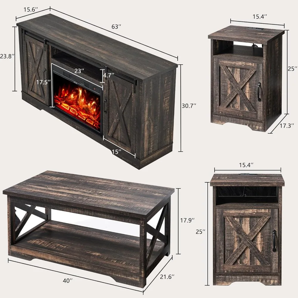 5-piece farmhouse table set including fireplace TV stand, coffee table with charging dock and USB port, farmhouse table set