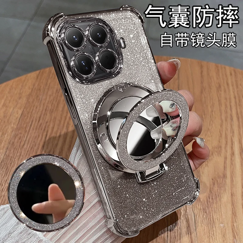 

Funda For Xiaomi 15T Pro Case Mirror Glitter Holder Camera Lens Film Protection Luxury Plating Airbag Bumper Soft Back Cover