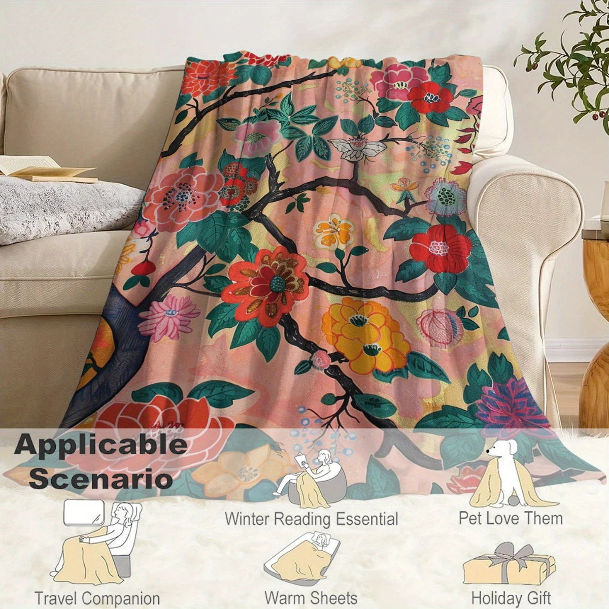 Cozy Branches and Floral Print Flannel Blanket - Bed, Sofa, Office, Travel, Gift, Decoration, Chair, Comfort andWarmth Christmas