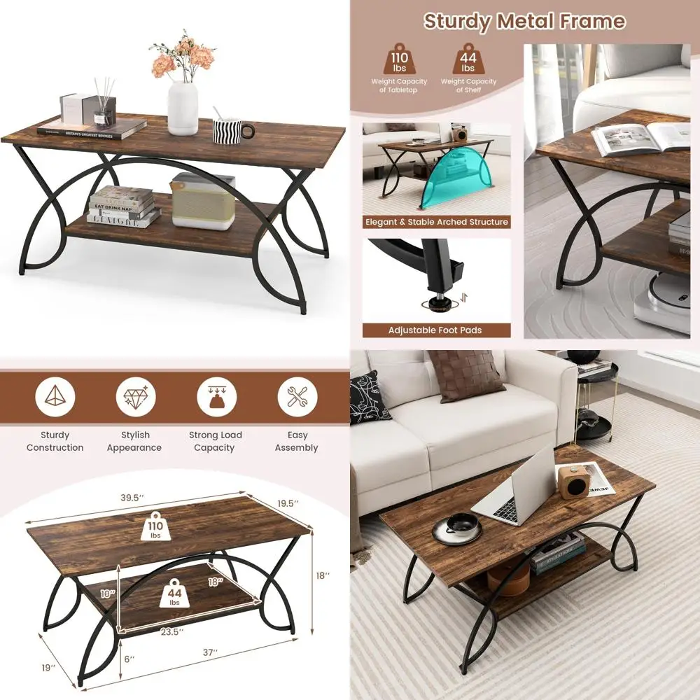 

Rectangular 2-Tier Coffee Table with Wood Grain and Open Shelf, Black Metal Frame Industrial Style Centerpiece