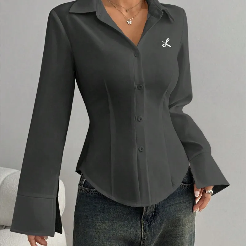 Solid Color Long Sleeved Single Breasted Slim Fit Casual Embroidered Shirt Spring Autumn New Women's Clothing Elegant Top