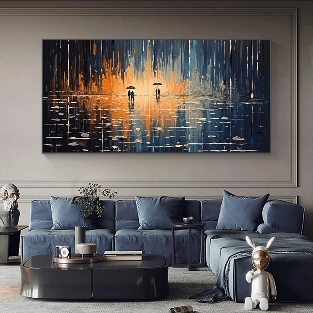 Hand Painted Oil Painting Abstract Rain Scenery Oil Painting on Canvas Original Couple Painting Living room Wall Decoration