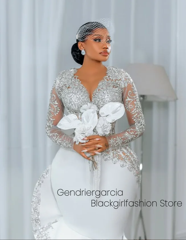 أنيقة الخامس الرقبة فستان الزفاف الأبيض الدانتيل الترتر كم طويل مشد ذيل السمكة غير المتماثلة الكاحل جنوب أفريقيا فستان زفاف مخصص