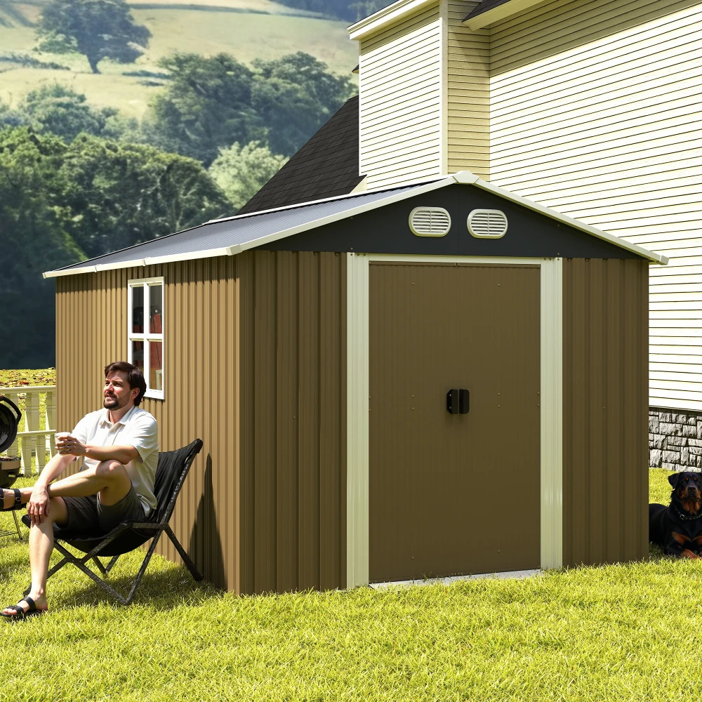 

Campcraft 8x12 FT Brown Metal Shed: Sturdy Frame, Lockable Door for Garden/Lawn/Backyard