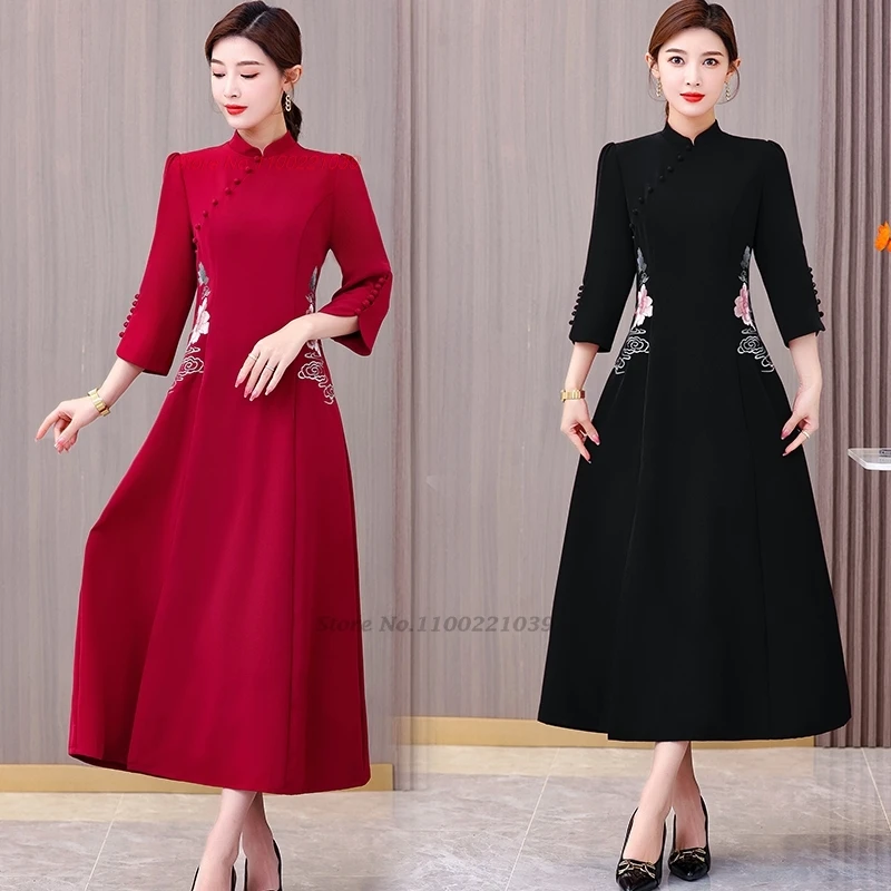 

2025 китайское улучшенное платье Ципао трапециевидной формы Cheongsam, национальная цветочная вышивка, народное Ципао, восточное, банкетное, вечернее платье