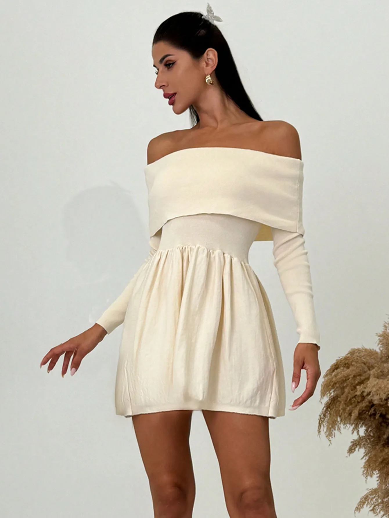 

Женское платье-свитер с открытыми плечами, длинными рукавами, А-силуэта, мини, элегантный повседневный стиль для осени и зимы