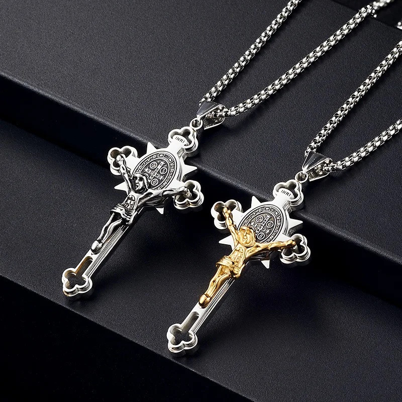 Vintage Stainless Steel Cross Pendant Necklace for Men Punk Amulet Orthodox Cross Jesus Necklace Charm Jewelry Gift Wholesale