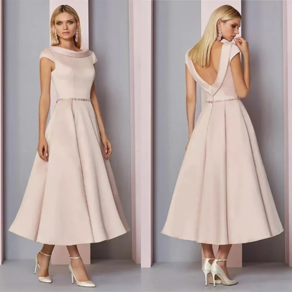 

2022 Classic Blush Tea Length Mother of the Bride Dresses O Neckline With Cap Sleeve Wedding Guest Gowns Backless On Sale