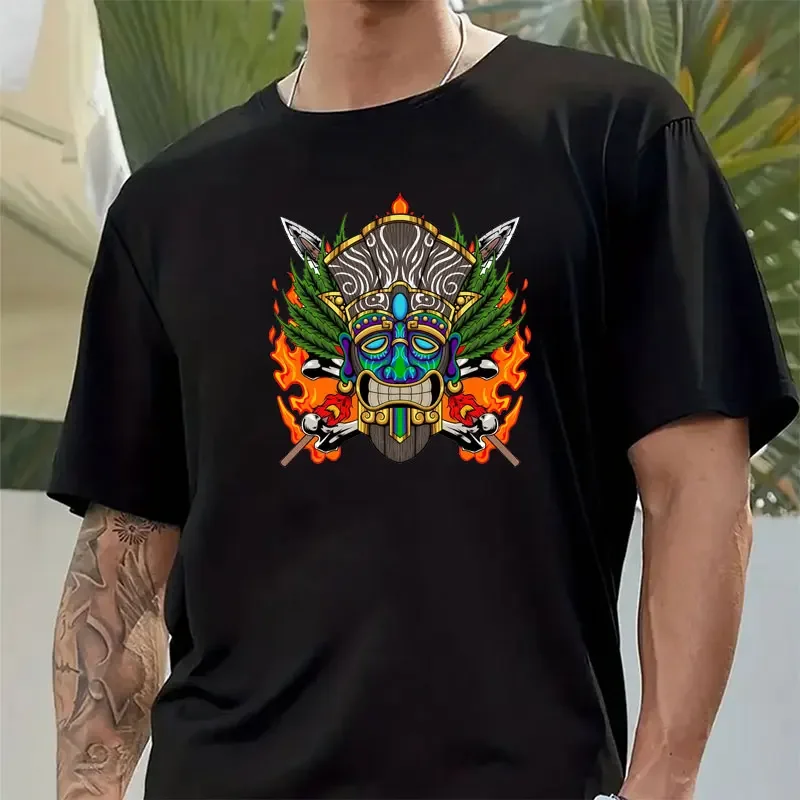 Loose Short Sleeves Summer Breathable Comfortable Fun O-Neck Top Hawaiian Totem Tiki Pattern T-shirt Men's Fashion Men's T-shirt