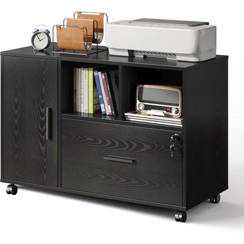 

Office File Cabinet with Lock, 1-Drawer Wood Lateral Filing Cabinet on Wheels, Printer Stand with Open Storage Shelves for Home