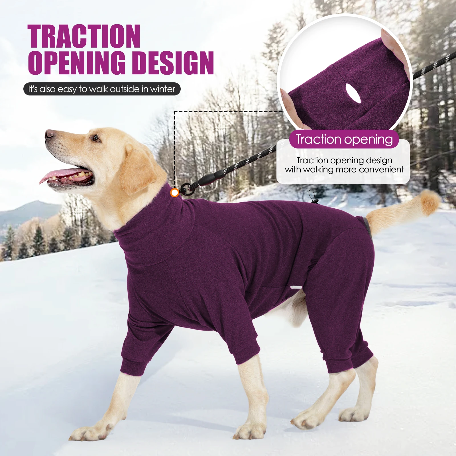 Windproof Warm Fleece Dog Clothes Winter High Collar Dog Overalls Jumpsuit for Large Dogs Adjustable Soft Undershirt with 4 Legs