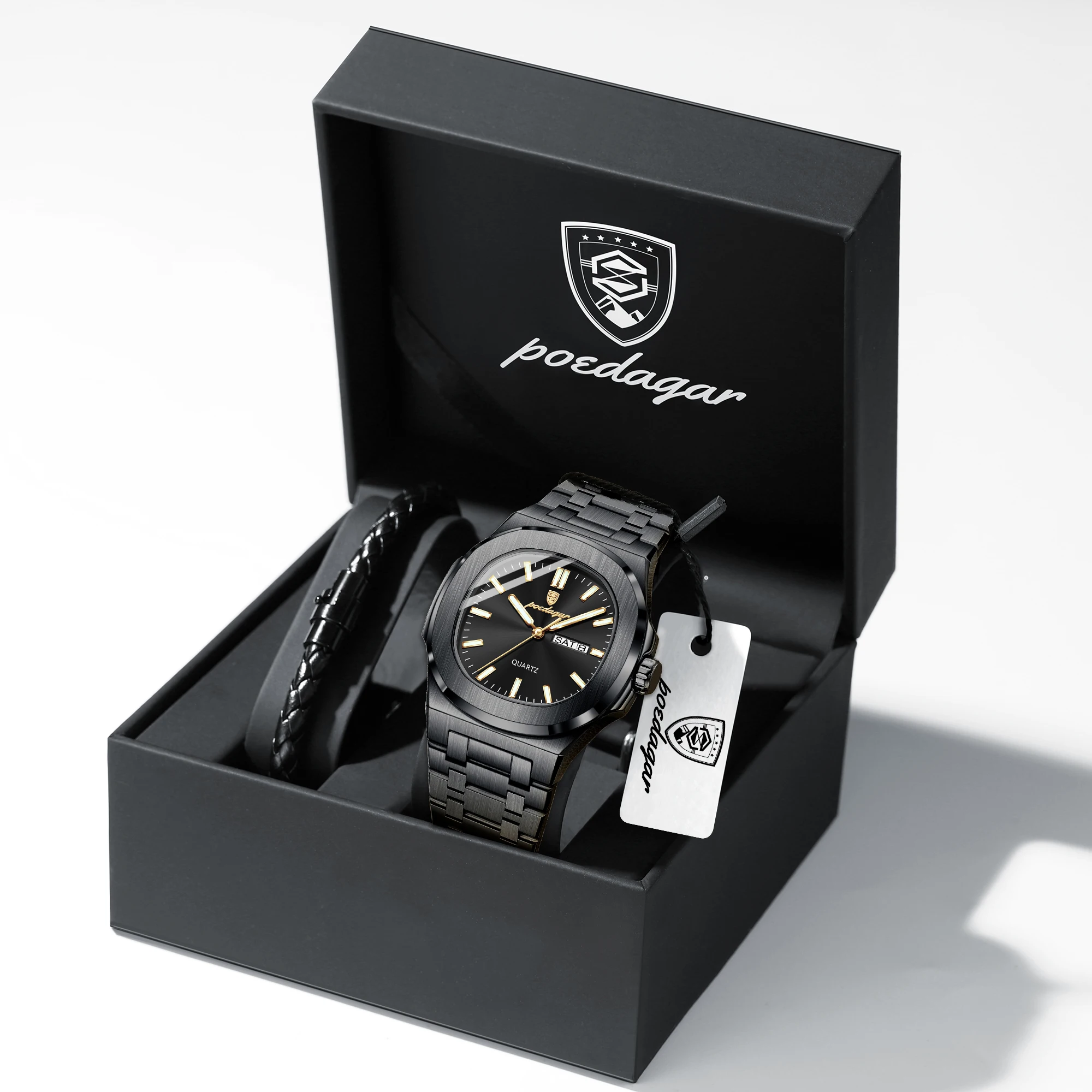 POEDAGAR Couple Watches Square Men's Watches Waterproof Luminous Date Week Stainless Steel Quartz Man Wristwatch with Box Gift