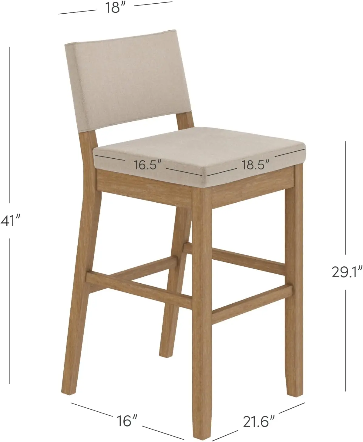 James Linus Modern Upholstered Bar Stool with Back and Solid Rubberwood Legs in a Wire-Brushed Light Brown Finish, Natural Flax/