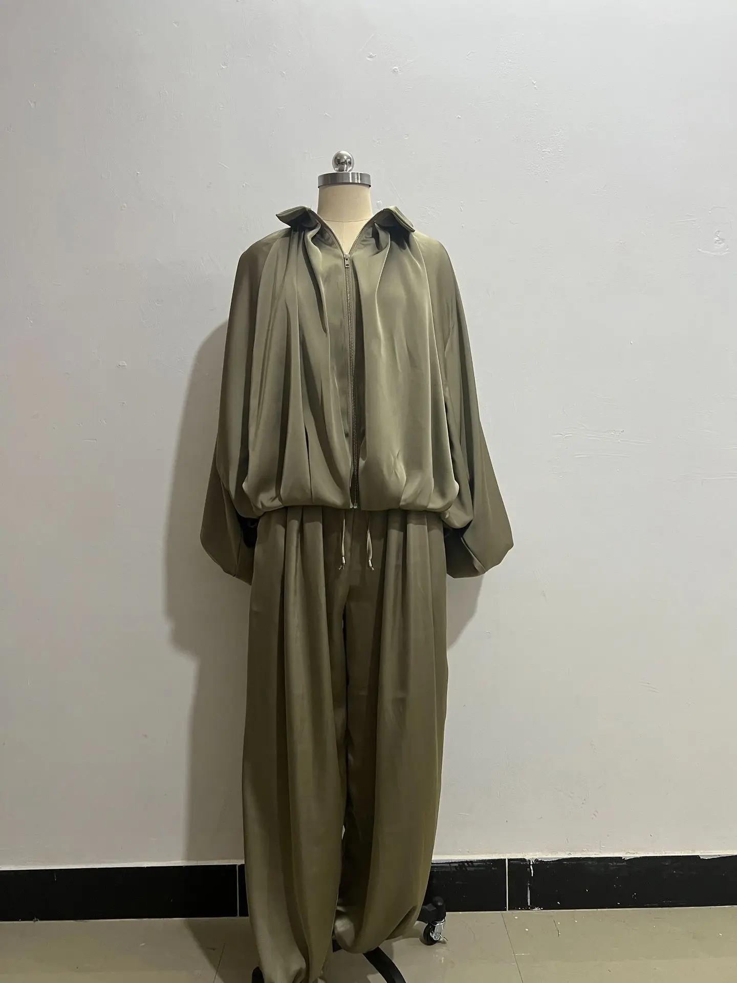 Pant Set Women Two Piece Sets Turn Down Collar Full Sleeve Zipper Wide Leg Cuffed Pants Lace Up Elastic Waist Y2k Streetwear