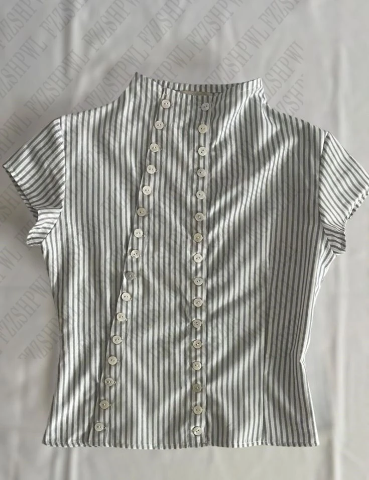 قمصان نسائية متقدمة مخططة وبسيطة أنيقة 90s Harajuku ملابس Y2K ملابس جمالية كلاسيكية كلاسيكية كورية بأكمام قصيرة #1