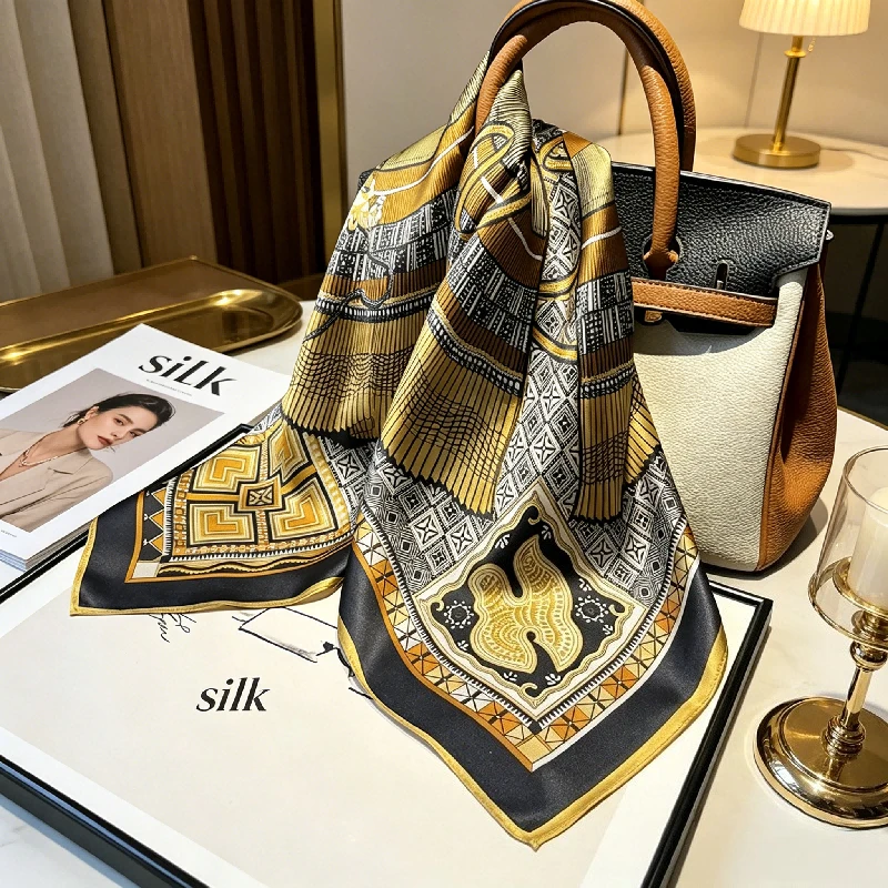 Premium Retro Thin Black Gold Disc Fan-shaped Plaid Silk Mulberry Silk 70 Square Scarf Bag Decoration Universal Silk Scarf