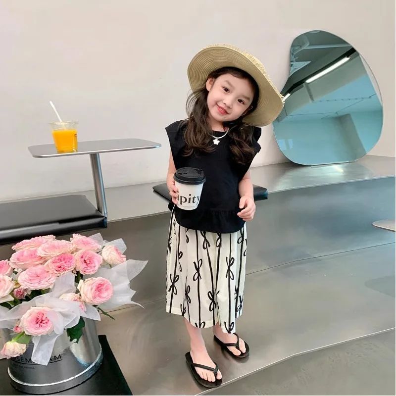 Baby Girl Clothes Suit Girls Wide-leg Pants Set Summer Dress 2024 New Foreign Style Korean Style Summer Sweet Two-piece Set image 3