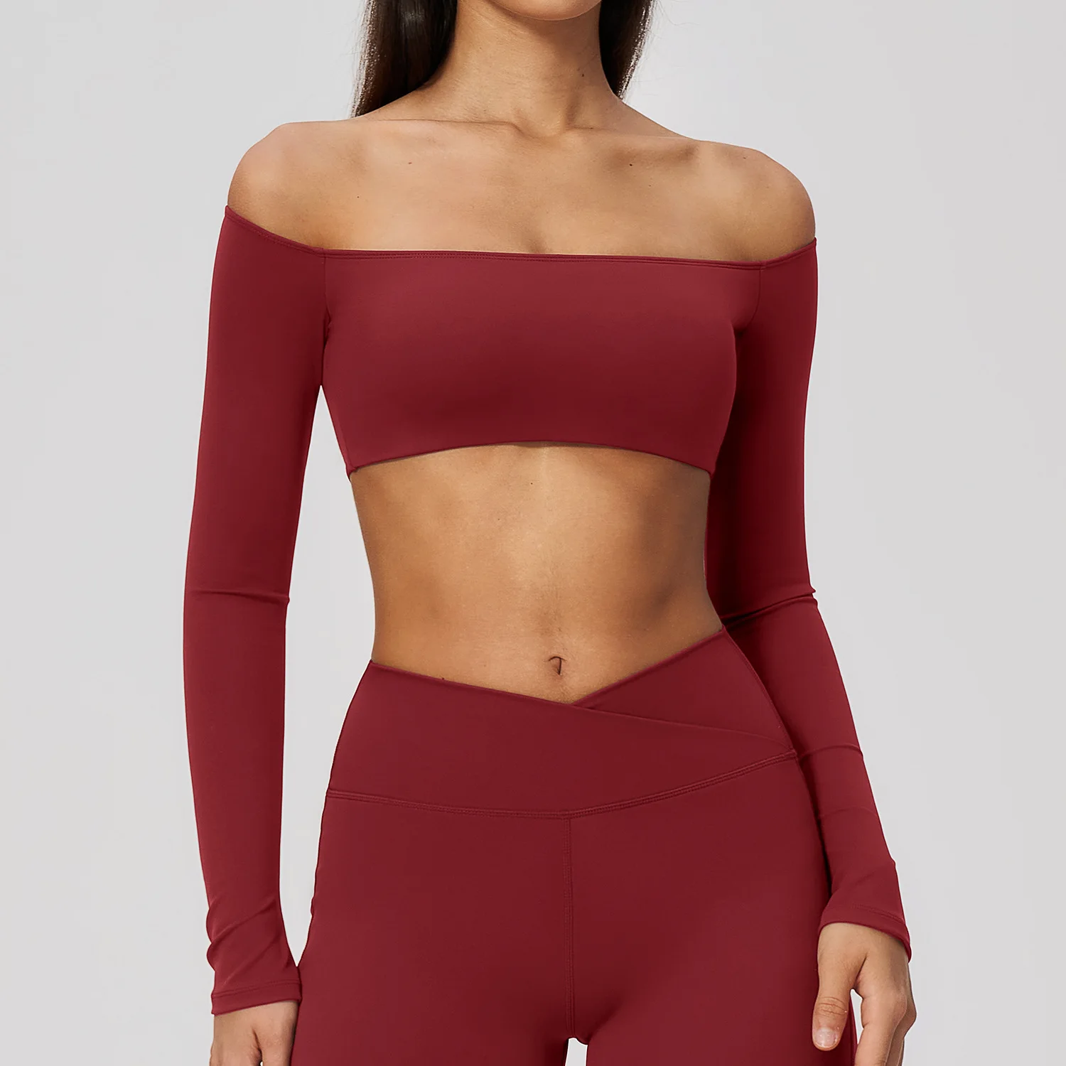Women Shirts for Workout Off Shoulder Sports Tops Yoga Long Sleeve Crop Top with Cup Fitness Tights Activewear