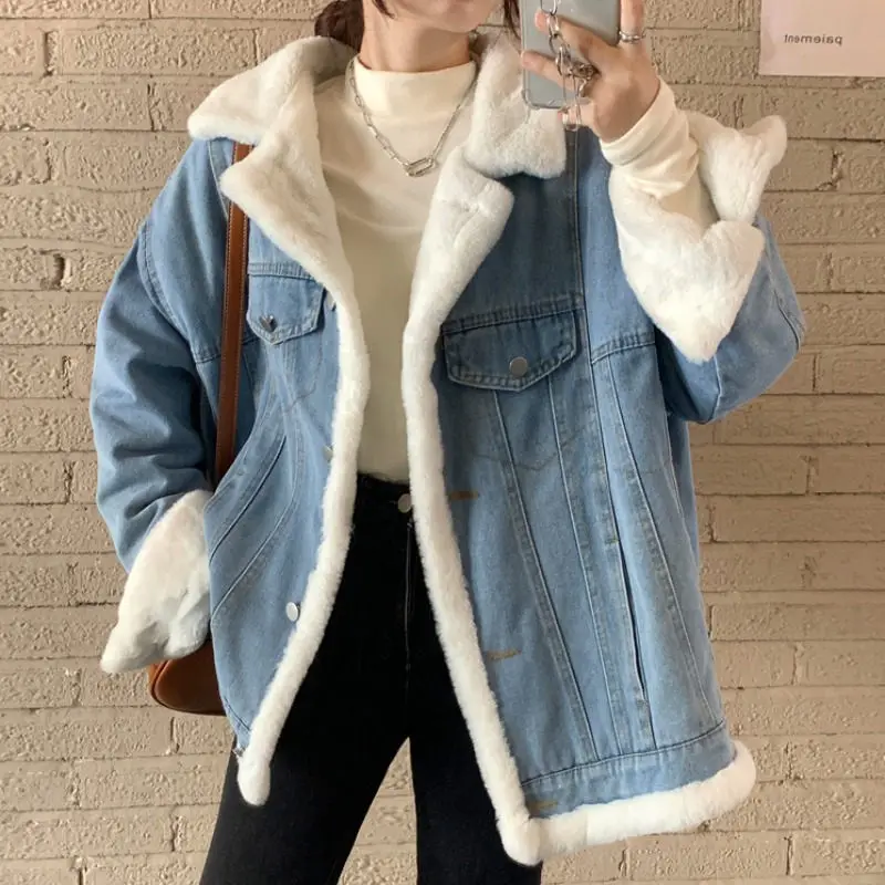 

Oversized Women's Denim Jacket Plush Coat Autumn Winter Thickened Reversible Cotton Padded Streetwear Clothing Mujer Abrigo T174