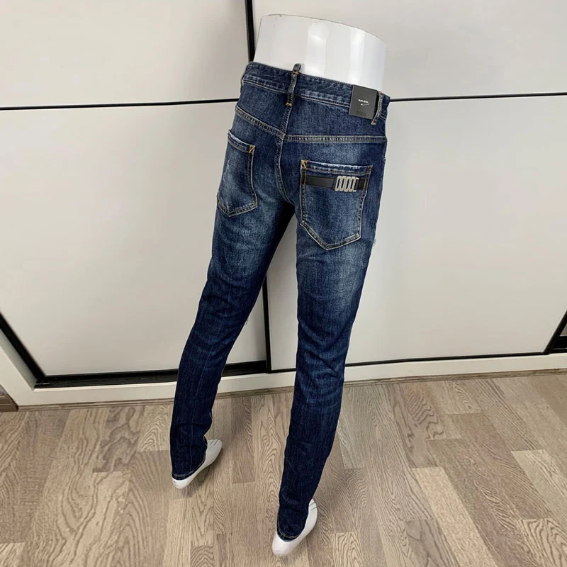 Men Deep Blue Whisker Faded Wash Simple Ripped Stretch Skinny Denim Jeans Hip‑Hop Streetwear Denim Jeanshombre