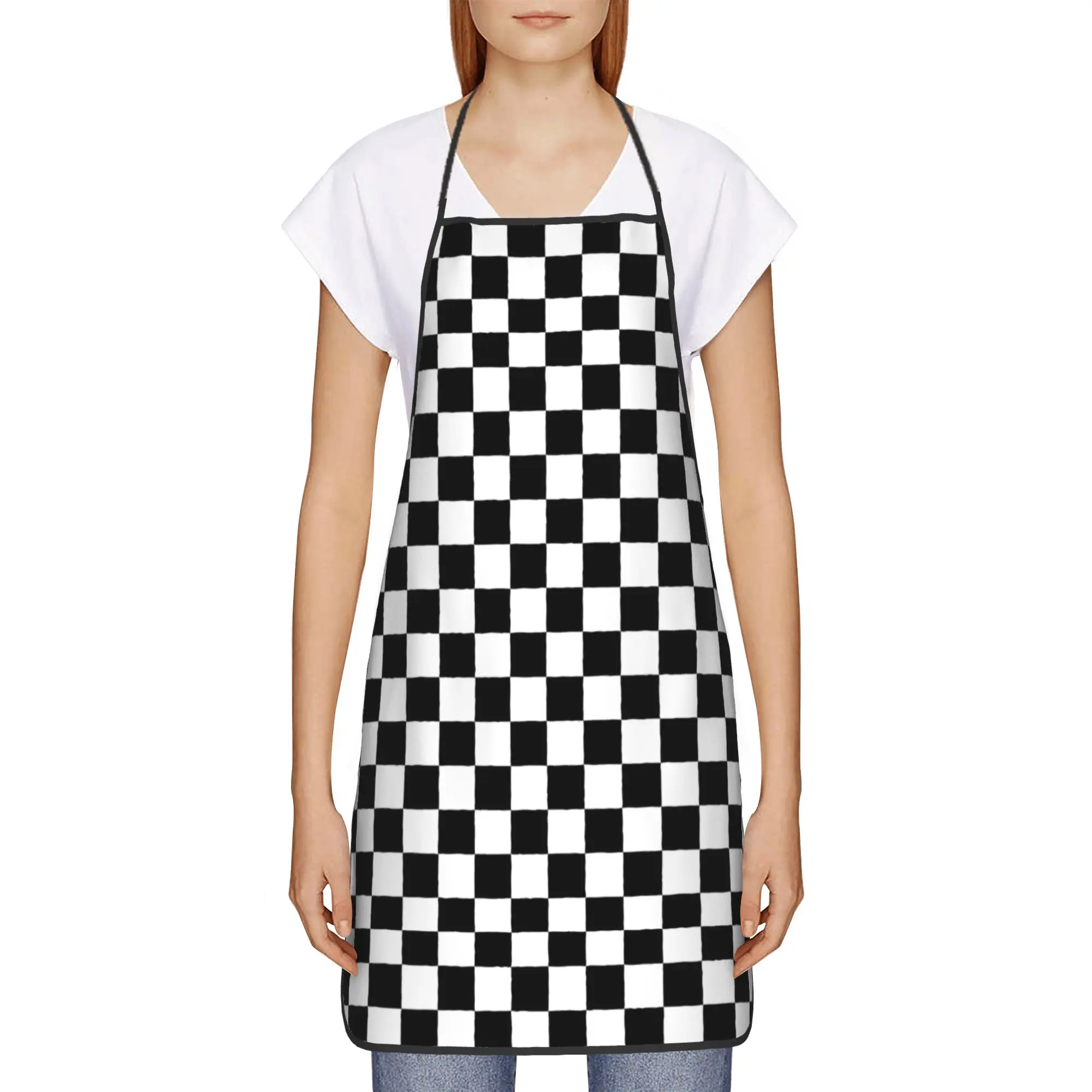 Black and white checkered Bib Aprons Oil-Proof Polyester square game optical Kitchen Pinafore for Women Men Adult Hairstylist