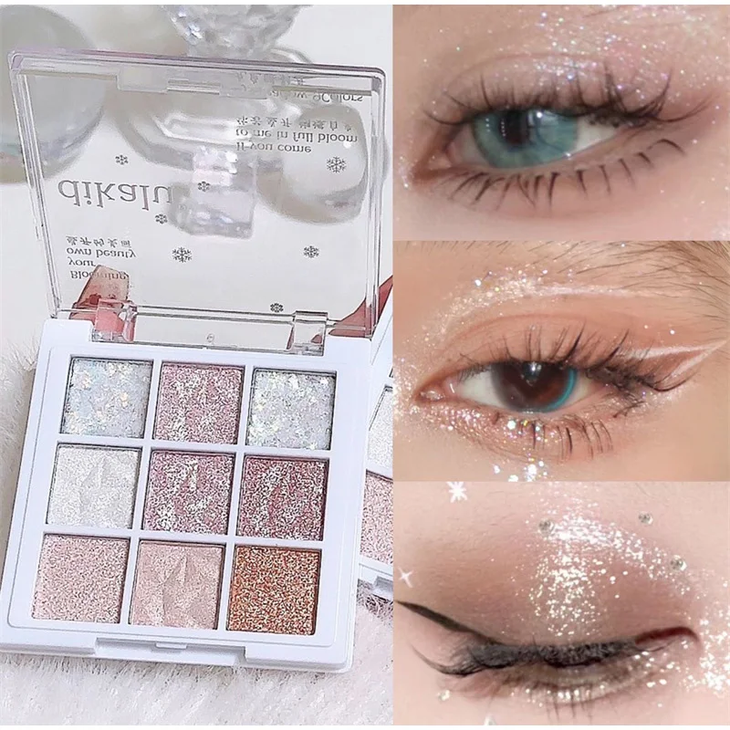 Paleta de sombra de ojos de princesa de nieve con purpurina de 9 colores, sombra de ojos nacarada Dream Girl, maquillaje ligero desnudo rosa y marrón, resalta los ojos