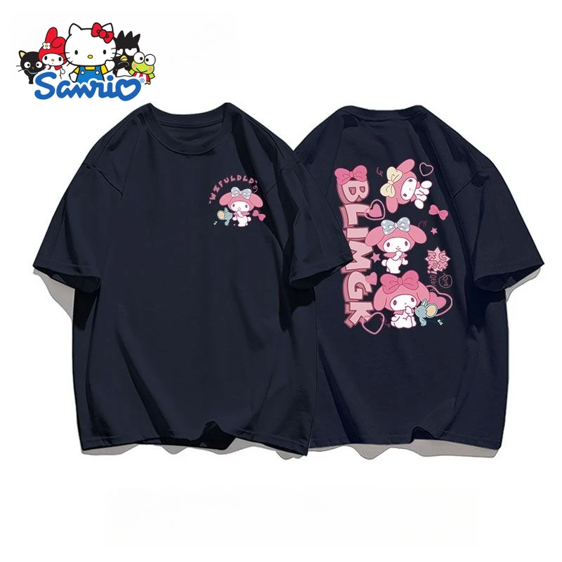 سانريو بلدي ميلودي الوجهين تي شيرت مطبوع الصيف القطن المرأة حجم كبير تي شيرت Y2K ريترو فضفاض عادية قصيرة الأكمام