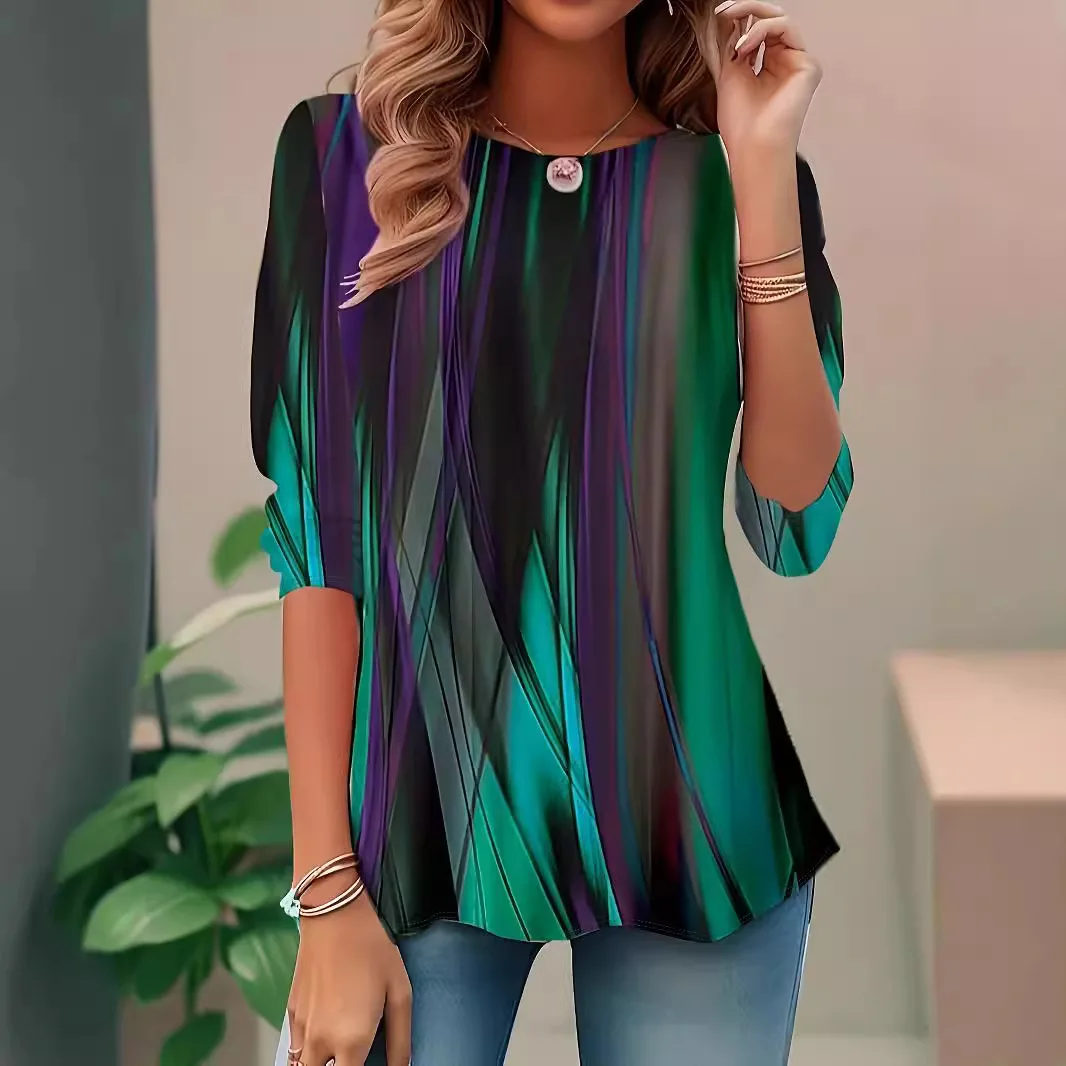 

2025 Summer Women's Shirt Pullover Loose Top Digital Print Round Neck Long Sleeve Vintage T-shirt for Female