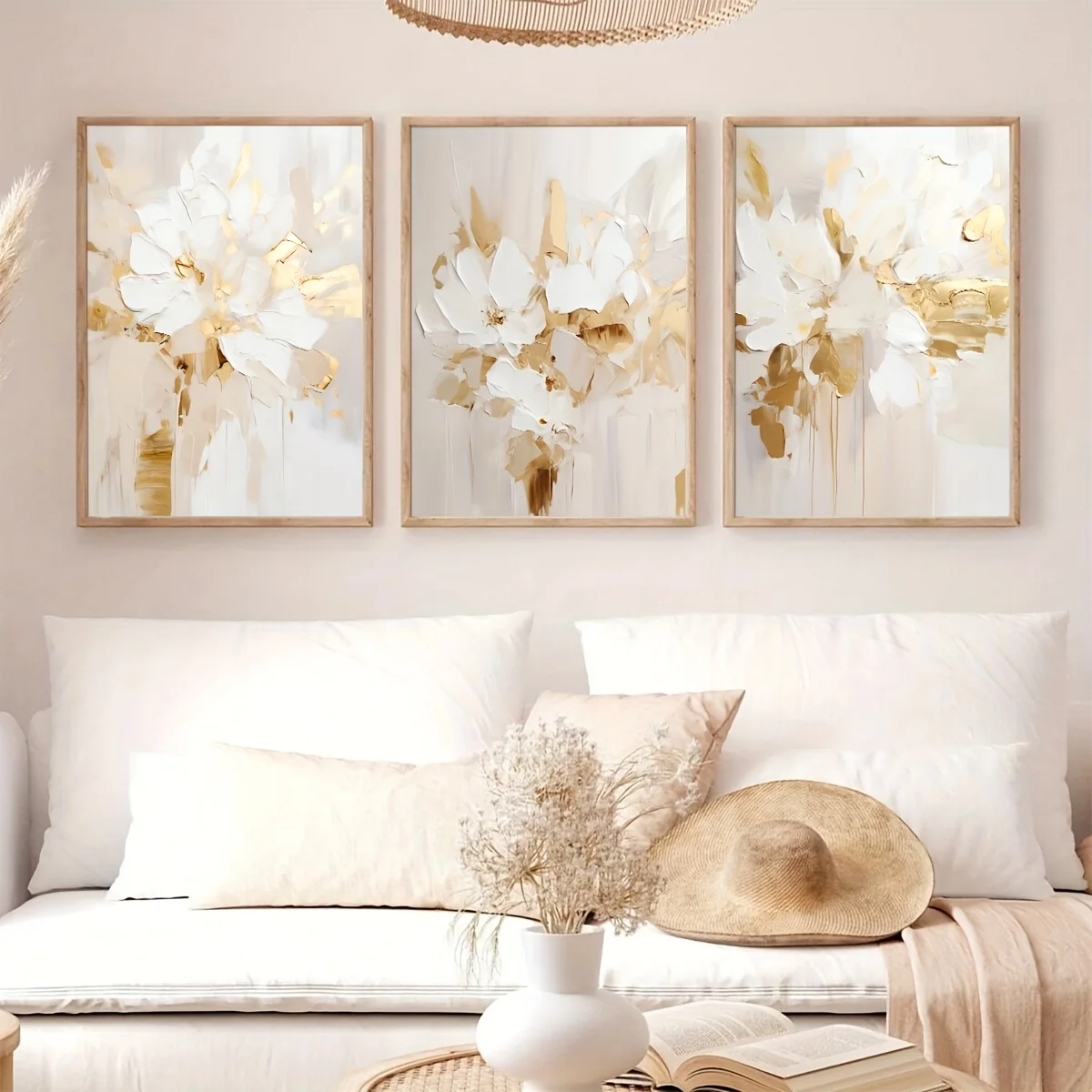 

Набор из 3-х безрамных картин на холсте: нейтральные абстрактные цветочные принты, постеры с бежевыми и золотыми текстурами, художественные принты для спальни.