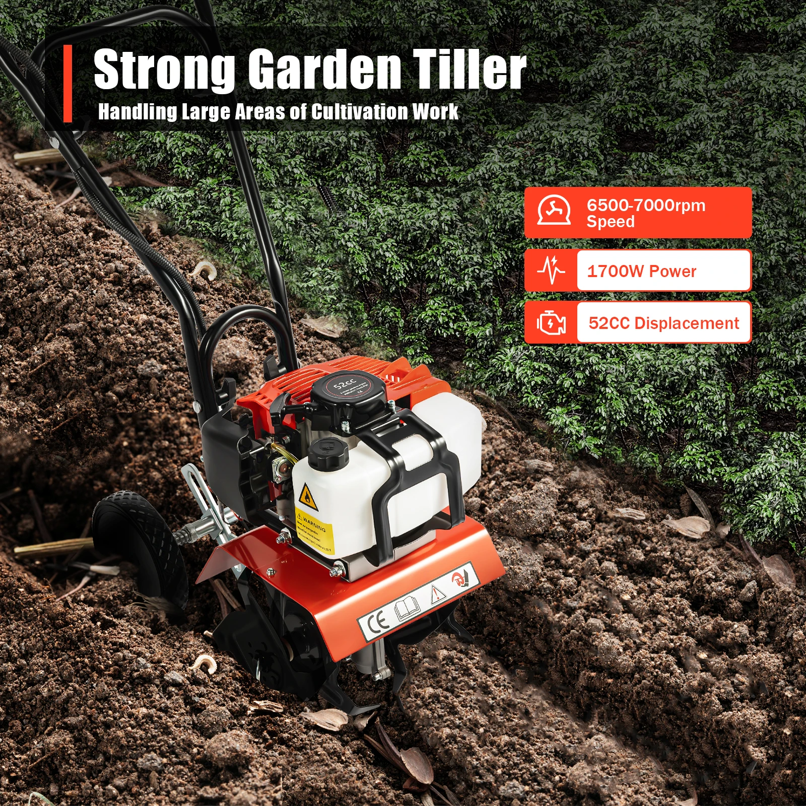 52CC 2-Stroke Gasoline Powered Garden Tiller, 1.7KW Petrol Engine Cultivator Rotovator for Trenching, Soil Tillage, Loosening