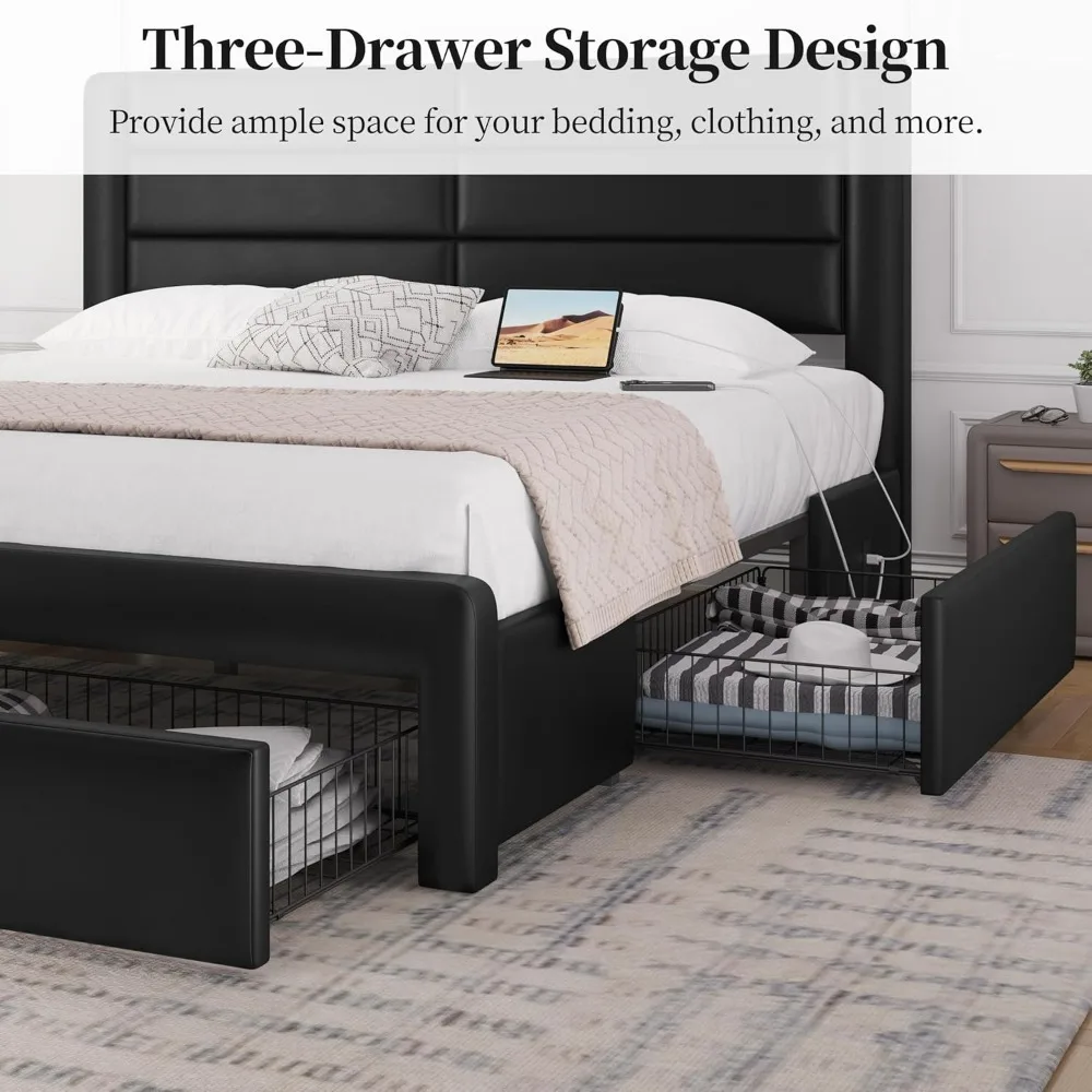 إطار سرير بحجم كينغ من Yaheetech مع 2 محطة شحن USB/منفذ لأدراج تخزين من النوع A&Type C/4 ومنصة منجدة من الجلد