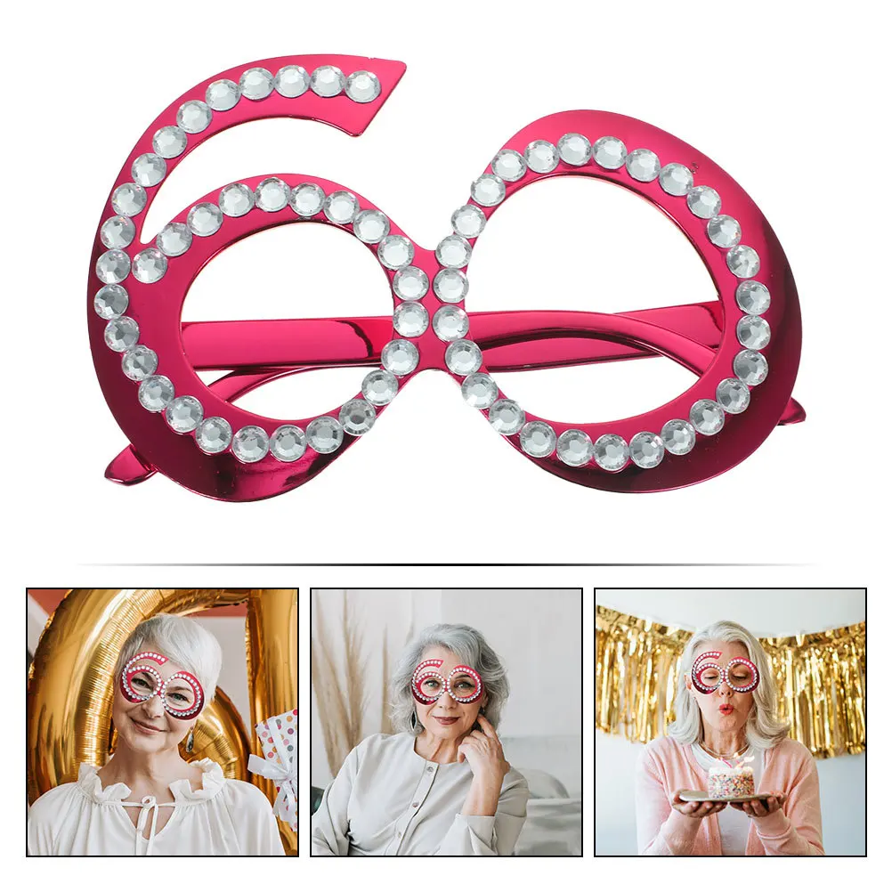 

2Pcs Reusable Birthday Eyeglasses Number Glitter Rhinestone Frame Party Supplies Photo Booth Props 60th Celebration