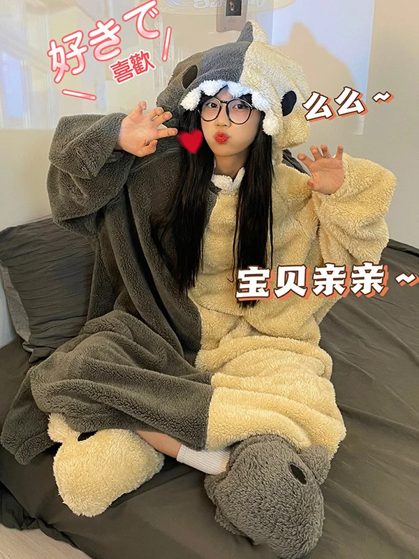 ملابس نوم نسائية من DAIMELU قميص نوم شتوي دافئ من الصوف المرجاني ثوب نوم لطيف مضحك رداء نوم بقلنسوة طقم بيجامات نسائي للفتيات