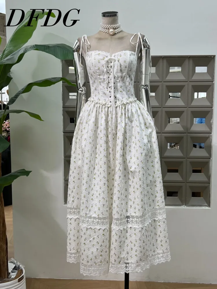 

DFDG Women’s 2025 Spring Summer Floral Wrap Waist Dress Tie Straps Elegant Camisole Lightweight Ruffle Hem Casual Beach Dress